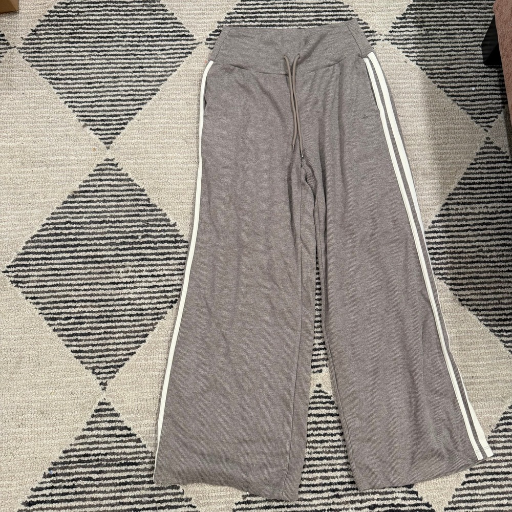 Halara Ribbed Wide Leg Sweatpants Taupe Brown Side Stripe Drawstring Large